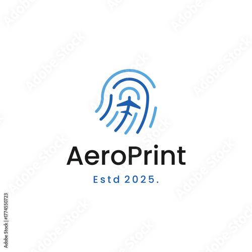 Modern AeroPrint logo design featuring fingerprint and airplane, ideal for branding travel tech or future-forward aviation companies looking for a unique brand identity