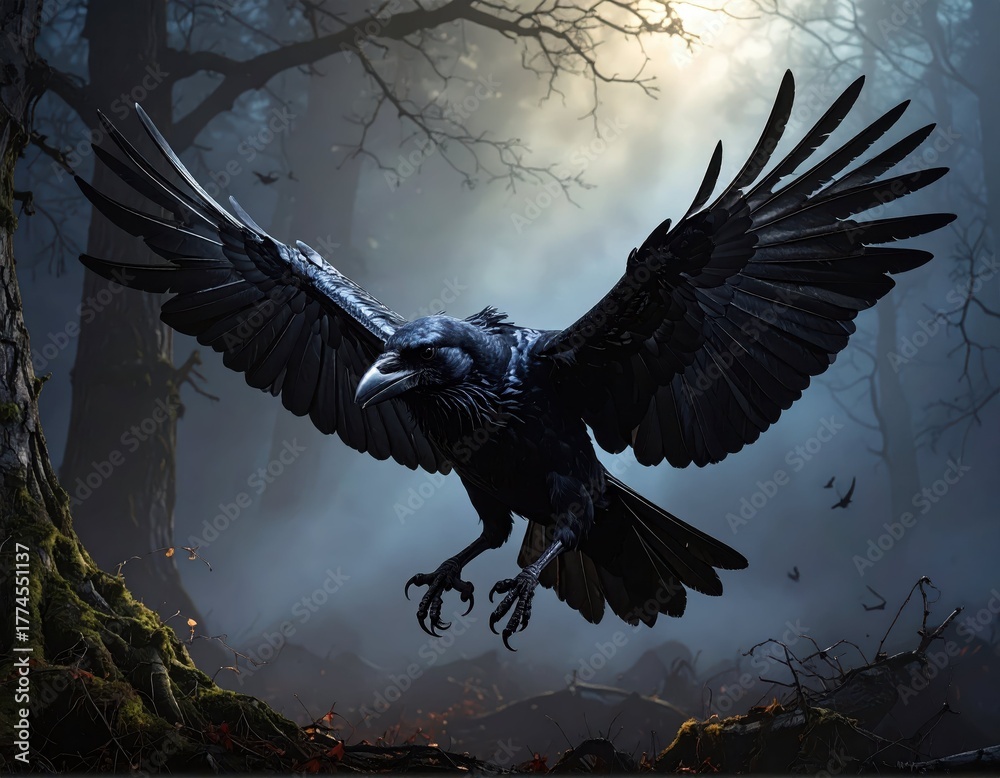 Obraz premium Majestic Dark Raven in a Mystical Forest Setting at Dusk