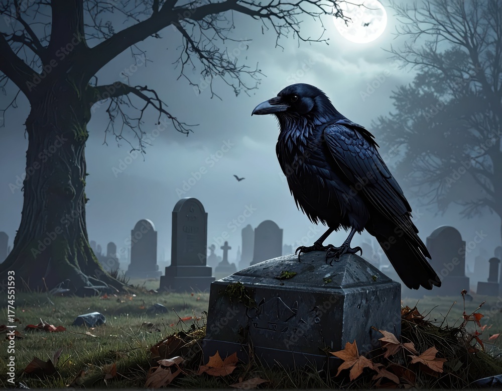 Obraz premium Raven Perched on Tombstone in Spooky Graveyard at Night