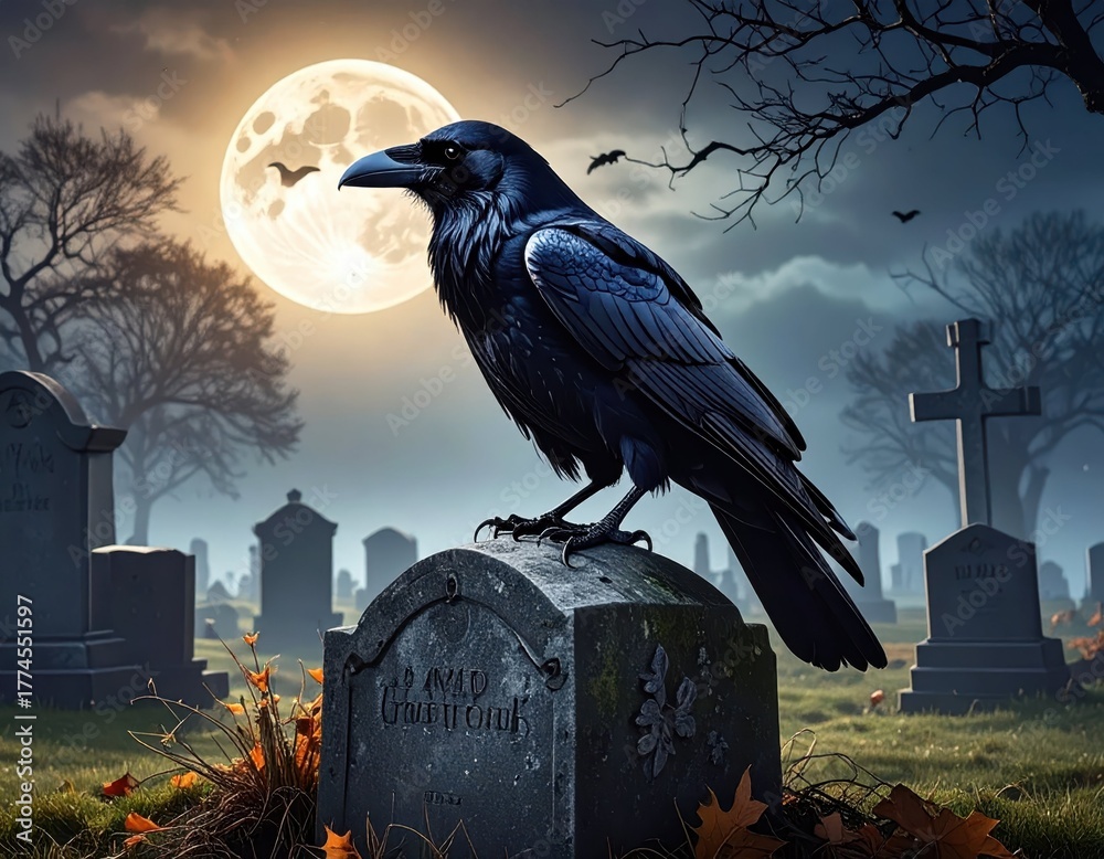 Obraz premium Mysterious Raven on Gravestone Under Full Moon in Eerie Cemetery