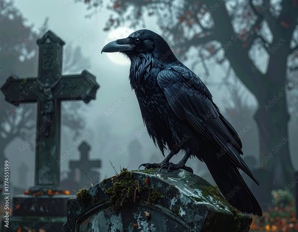 Fototapeta premium Black Raven on a Tombstone in a Foggy Cemetery at Dusk