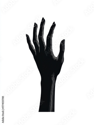 Stylized silhouette of a hand reaching up, black and white, representing concepts of help or horror against a white background