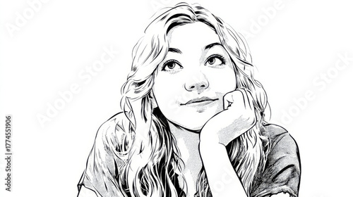 Young woman in a thoughtful pose, black and white comic style, dreaming and thinking against a white background