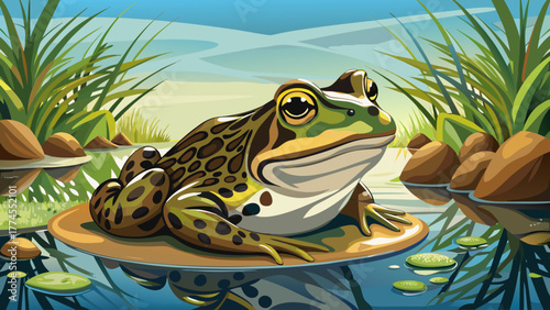 Very beautiful portrait of a Northern Leopard Frog (Lithobates pipiens) resting in a calm water stream at Ledges State Park, Iowa, USA, surrounded by soft reflections and natural serenity.