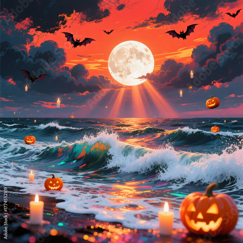 할로윈 호박들이 일렁이는 석양의 파도와 박쥐