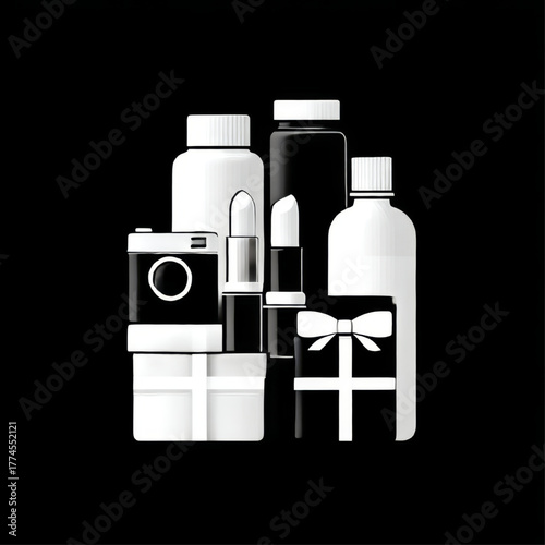 Shopping icon collage with cosmetics and gifts, black and white, representing beauty, fashion, and online retail against a black background