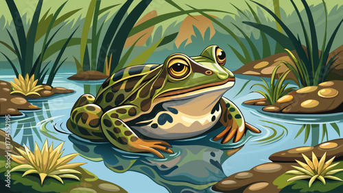 Very beautiful portrait of a Northern Leopard Frog (Lithobates pipiens) resting in a calm water stream at Ledges State Park, Iowa, USA, surrounded by soft reflections and natural serenity.