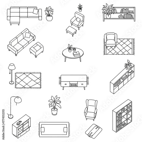 isometric living room furniture set for interior design mockups featuring sofa chair bookshelf rug and plant illustrations for home decor projects