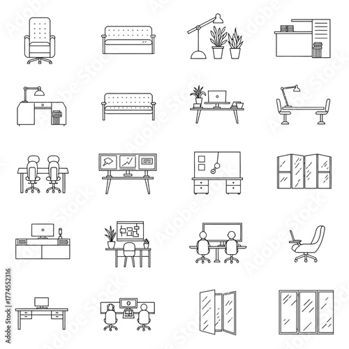 office furniture line icons depicting workplaces promoting business interiors and designs ideal for architectural visualization and office space planning use