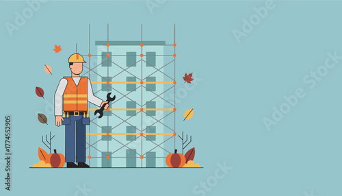A construction worker stands by scaffolding during autumn building maintenance