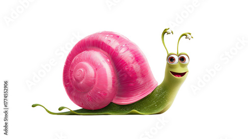Cute cartoon snail character with pink spiral shell and smiling green body isolated on white background