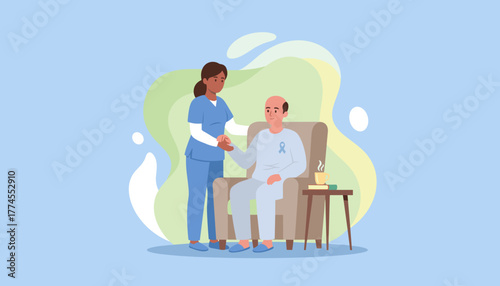 Caregiver comforting senior patient with blue ribbon Healthcare medical support and compassion