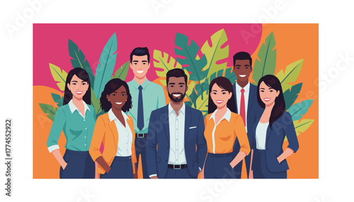 Diverse professional team portrait smiling in a vibrant modern setting Success and inclusion concept