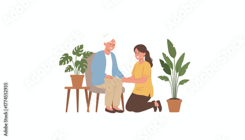 Caregiver comforting senior woman holding hands Illustration of love support and elderly care