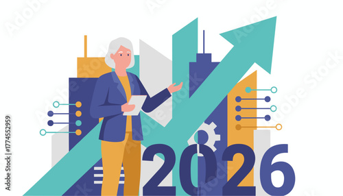 Businesswoman presenting 2026 financial growth and success plan in a futuristic city setting