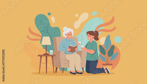 Caregiver assists senior woman with medication and support at home