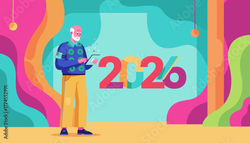 Senior man uses a tablet next to 2026 numbers symbolizing technology trends and future progress