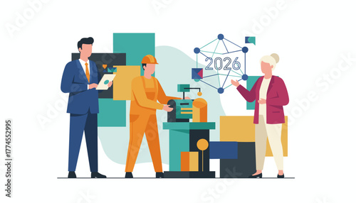 Industrial business team collaborates on 2026 future technology and production strategy