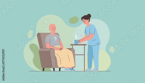 Caregiver offers a warm drink to a patient with illness cancer awareness Healthcare support illustration