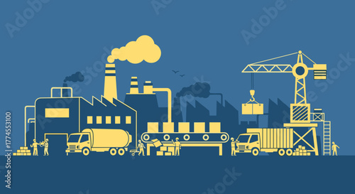 Industrial manufacturing scene factory conveyor belt workers trucks and crane for supply chain logistics