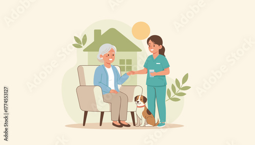 Nurse helping smiling senior woman at home Compassionate longterm care and elderly assistance