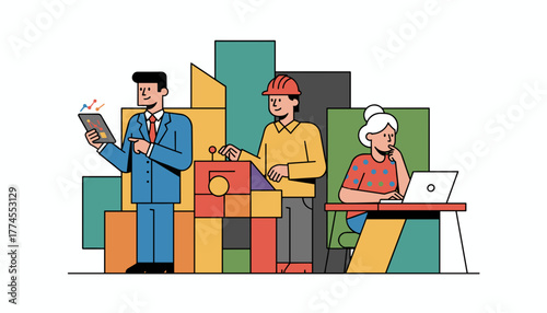 Business industry and tech professionals working together Collaboration illustration