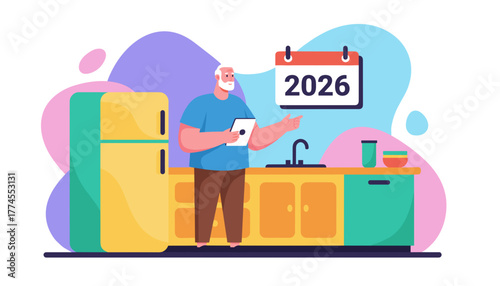 Senior man planning future tasks in kitchen pointing to 2026 calendar using a digital tablet