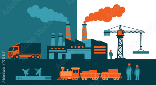 Manufacturing construction and logistics vector scene with factory crane truck train and workers