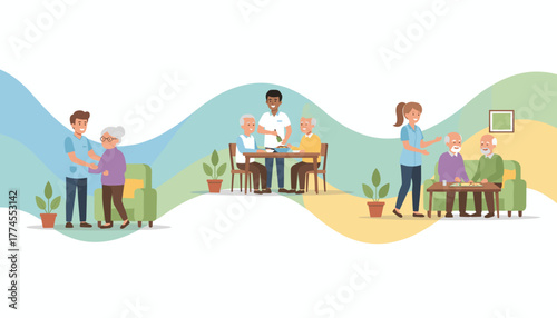 Professional caregivers assist seniors in a retirement home with daily care dining and leisure