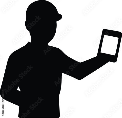 Delivery Man Holding Phone Showing Map Silhouette Vector