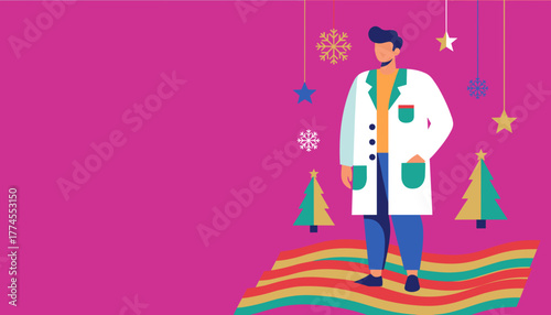 Medical professional in lab coat with Christmas holiday decorations Copy space
