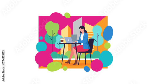 Professional woman working on laptop in a vibrant park setting Remote work and city life illustration