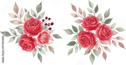 Elegant red roses floral arrangement watercolor painting