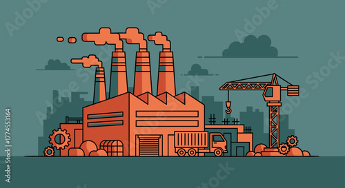 Illustration of factory construction site dump truck and smokestacks polluting the environment