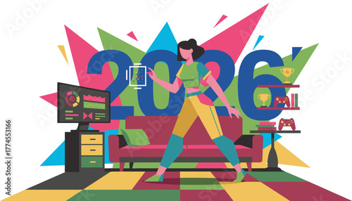 Modern vector illustration of a woman gaming and interacting with technology in the year 2026