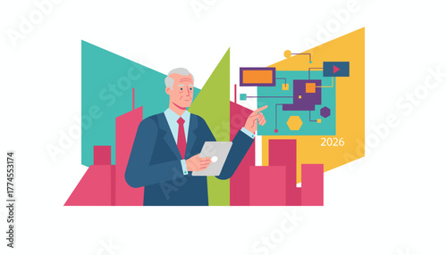 Senior leader reviewing digital strategy and future trends 2026 using tablet in a corporate setting