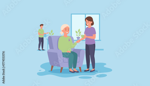Family caring for cancer patient at home Support recovery empathy and health awareness illustration
