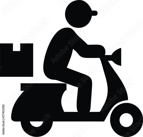 Delivery Man Riding Scooter with Box Silhouette Vector