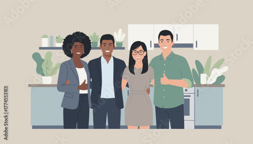 Smiling diverse business team in office kitchen showing teamwork and success