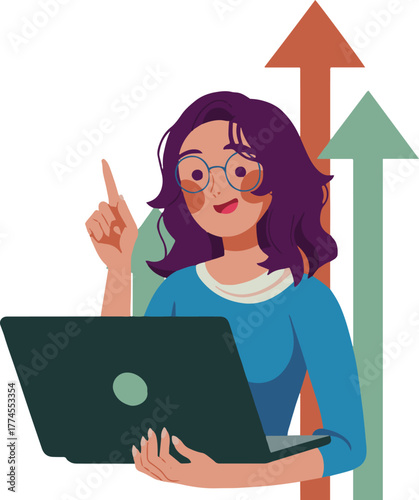 Woman with laptop pointing up with arrows in the background indicating growth and success concept