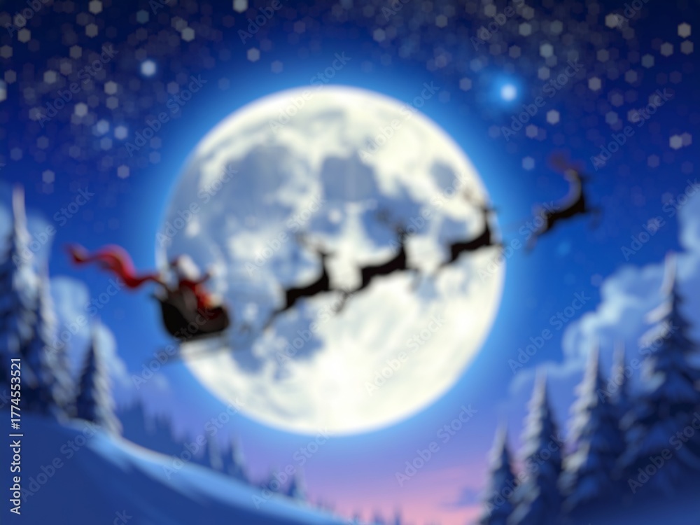 Fototapeta premium Blurred image of silhouette of a flying goth santa claus against the background of the christmas night sky.