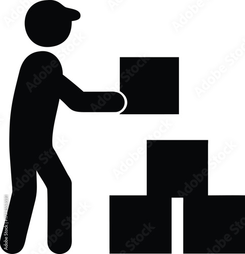 Commercial Delivery Van Loading Unloading Flat Vector Icon Silhouette