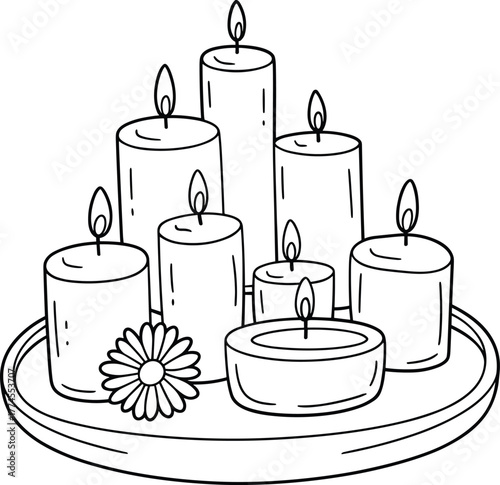 Black and white line drawing of eight lit candles with tealight and flower on tray, relaxing decorative illustration for meditation, ceremony, coloring page