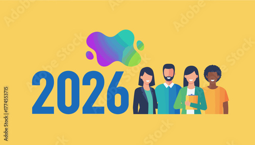 Diverse team illustration with 2026 representing business success innovation and collaboration