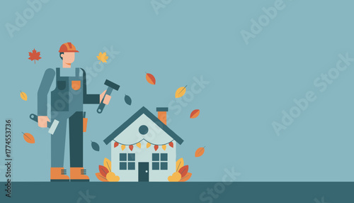 Handyman preparing house for autumn renovation with tools and falling leaves