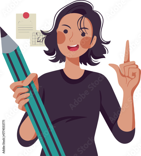 Woman holding a large pencil with sticky notes on the wall pointing upwards with a happy expression