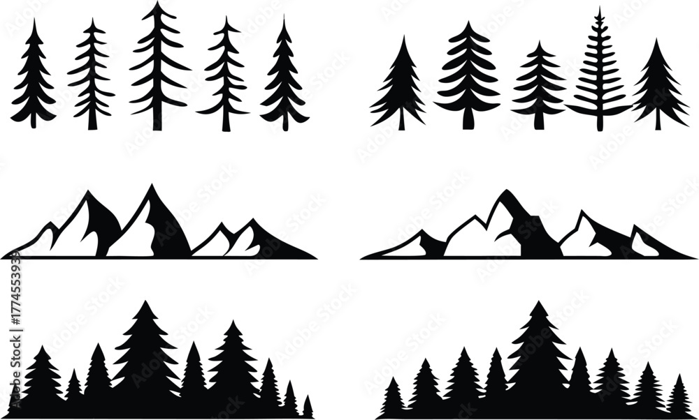 Obraz premium Set of Vector Mountain and Conifer Tree Silhouettes