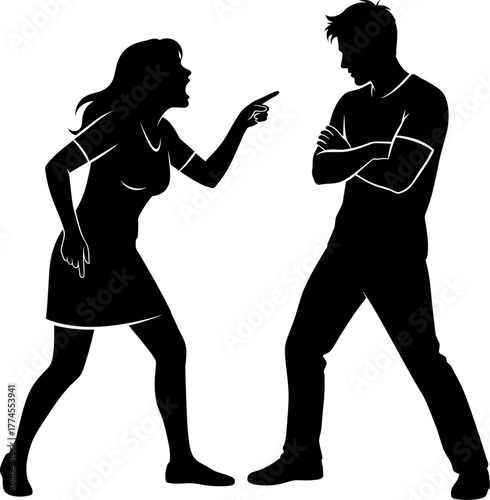 Heated Argument Silhouette - Woman Pointing at Man Conflict Vector Illustration