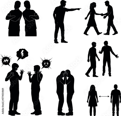 Communication and Conflict Silhouettes Set - Argument, Social Distancing, and Discussion Vector