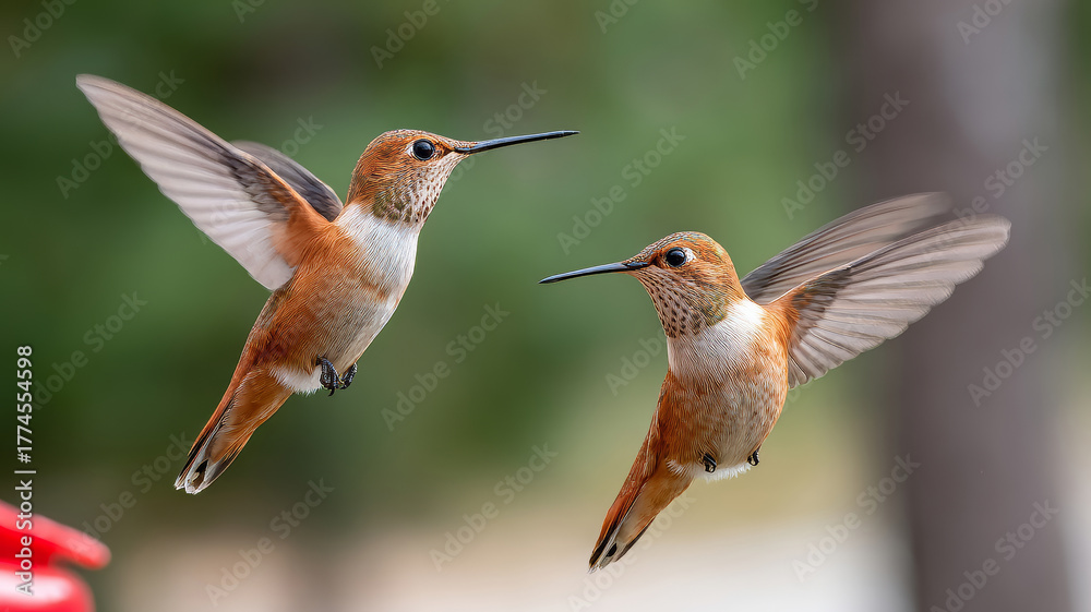 Fototapeta premium Two rufous hummingbirds hovering in mid flight with wings beating rapidly. Wildlife moment capturing avian agility and interaction